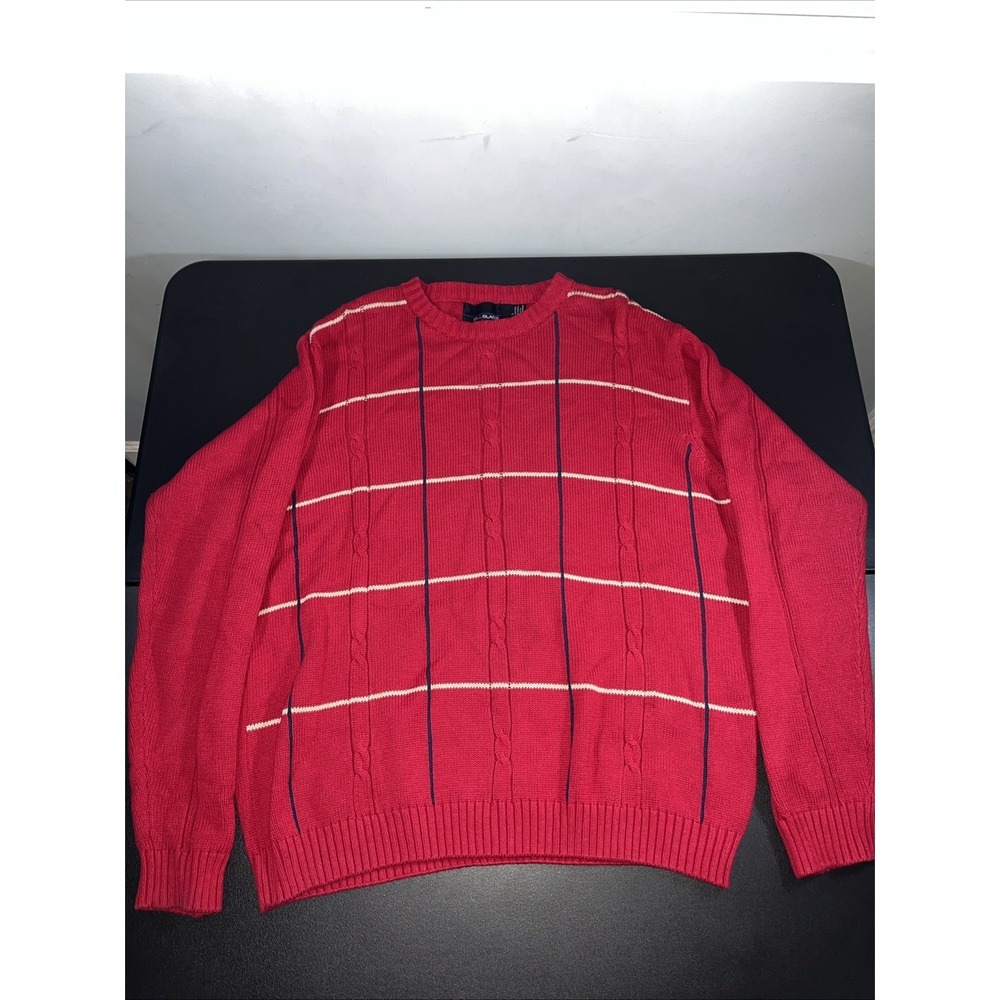 Bill Blass Red Striped Crew Neck Long Sleeve Knit Sweater Mens Large L - Picture 1 of 11